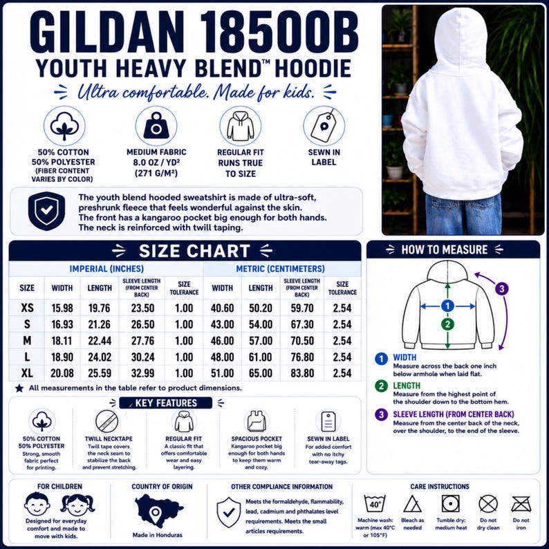 Gildan 18500B size and detail chart for Axolotl Capybara Boba Kids Hoodie