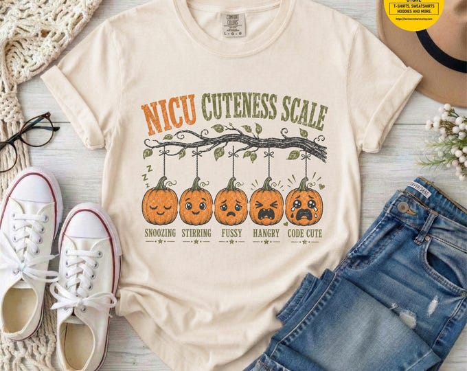 Featured listing image: NICU Cuteness Scale Pumpkin Nurse Tee, Autumn Pediatric Caregiver Shirt