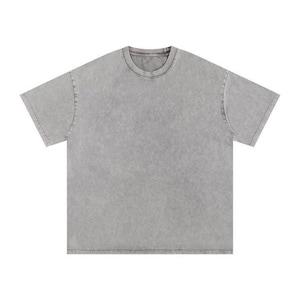 Flat-lay product view of a short-sleeve, light grey acid wash oversized t-shirt against a plain white background.