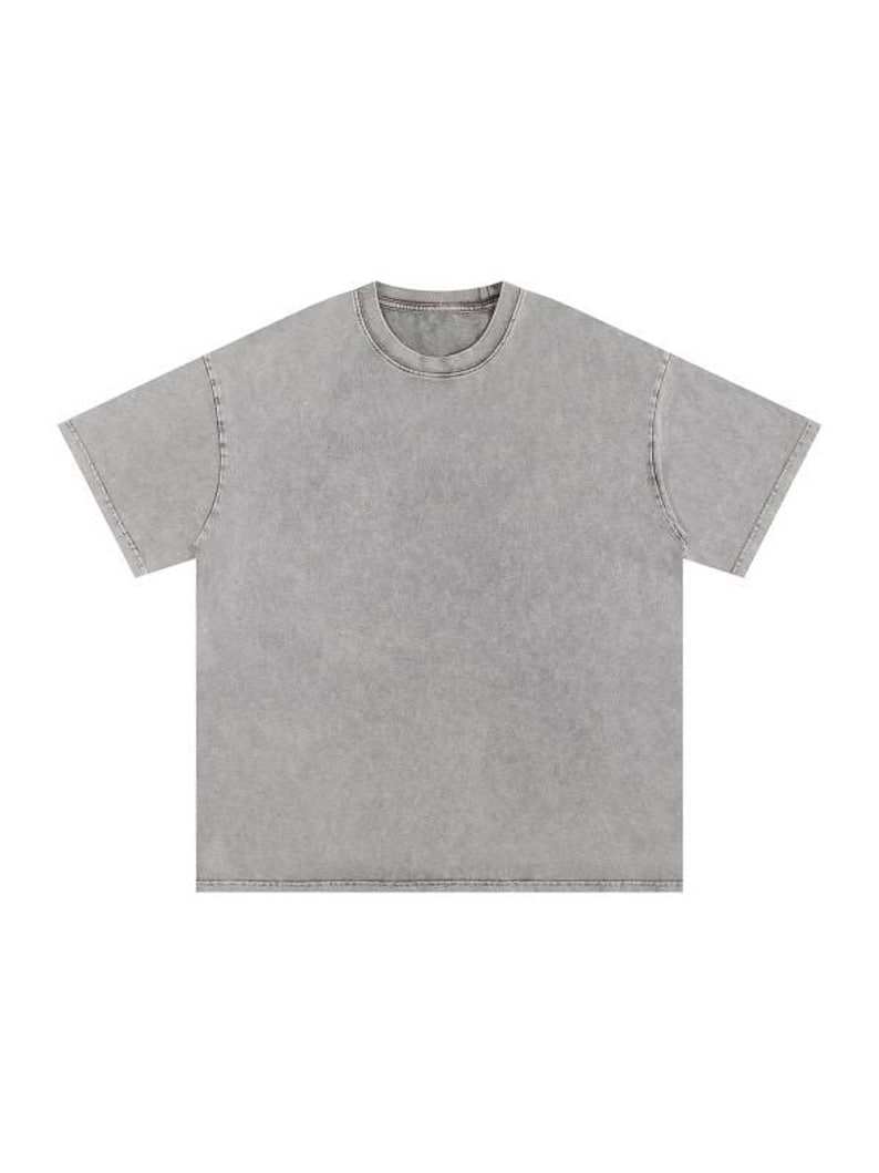 Flat-lay product view of a short-sleeve, light grey acid wash oversized t-shirt against a plain white background.
