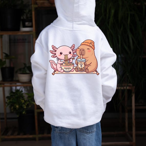 Axolotl Capybara Kids Hoodie, Cute Kawaii Animal Hoodie, Ramen Boba Friends Sweatshirt, Bubble Tea Hoodie for Kids, Cozy Youth Pullover