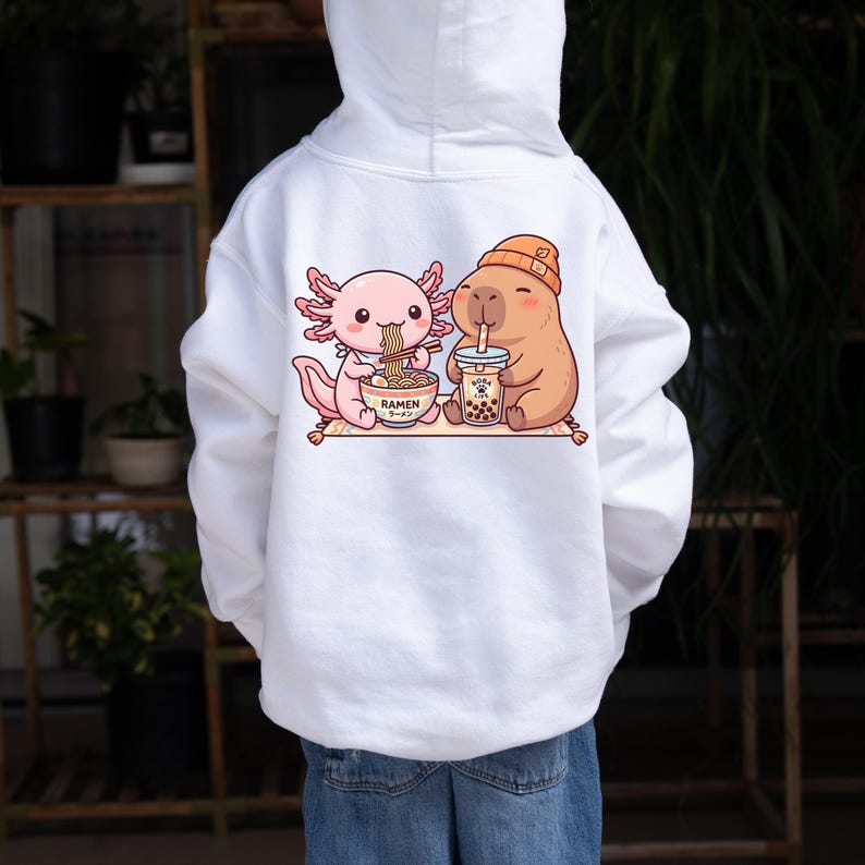 kid wearing white Axolotl capybara kids hoodie kawaii ramen boba design