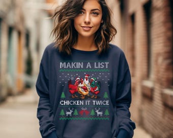 Ugly Christmas Sweatshirt, Chicken It Twice Holiday Jumper, Winter Holiday Christmas Crewneck Sweater