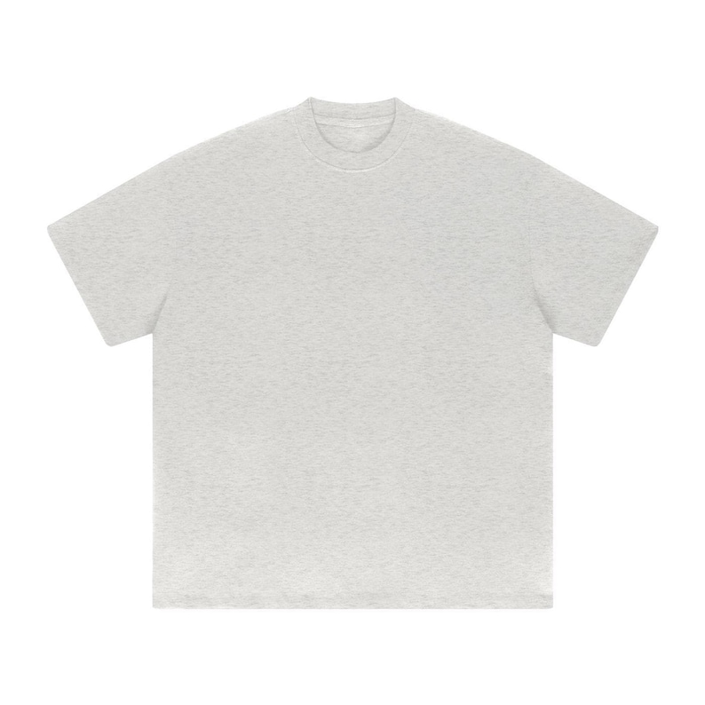 Heavyweight oat gray drop shoulder t-shirt size chart with unisex measurements, 425 GSM cotton details, care instructions, and fit guide.