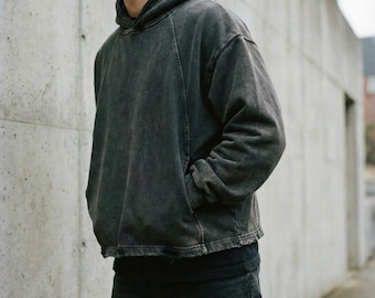 Vintage Wash Frayed Hoodie | Unisex Cotton Blend Streetwear, Loose Fit, Mens, Womens