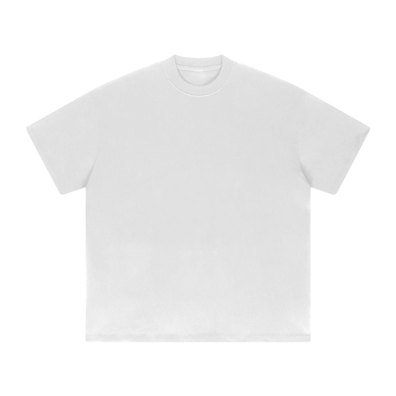 Heavyweight white drop shoulder t-shirt size chart with unisex measurements, 425 GSM cotton details, care instructions, and fit guide.