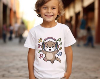 Jugend Otter Musik hören T-Shirt, Kinder Baumwolle T-Shirt, Tier Shirt, Unisex Kinder T-Shirt, lustiges Design Casual Tee