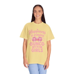 Bunco shirt women Happiness Is Playing Bunco With the Girls pink dice design on black Comfort Colors garment-dyed tee
