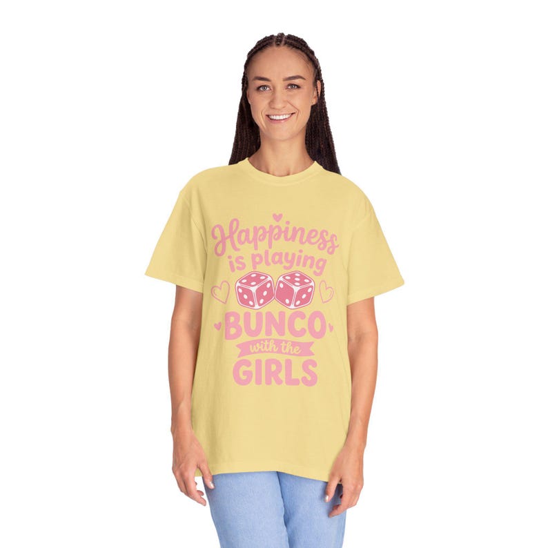 Bunco shirt women Happiness Is Playing Bunco With the Girls pink dice design on black Comfort Colors garment-dyed tee