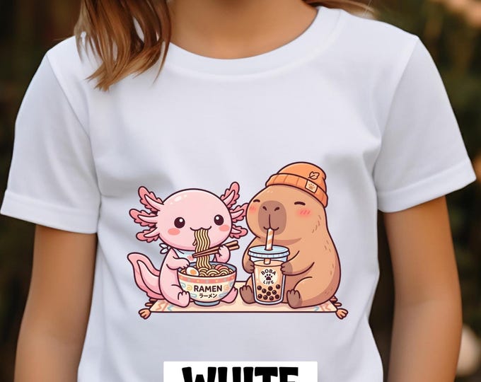 Featured listing image: Axolotl Capybara Boba Shirt Kids Animal Tee, Cutecore Kawaii Friendship Shirt, Bubble Tea Lover Gift, Cozy Cartoon Animal Shirt