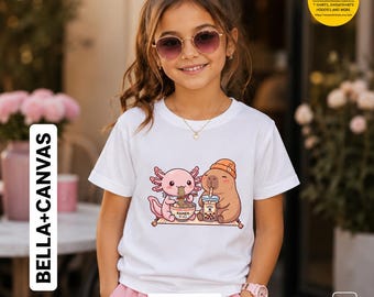 Axolotl Capybara Boba Shirt Kids Animal Tee, Cutecore Kawaii Friendship Shirt, Bubble Tea Lover Gift, Cozy Cartoon Animal Shirt