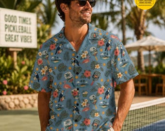 Pickleball Shirt, Tropical Button Up, Palm Hibiscus Flamingo Print, Beach Vacation Aloha Style