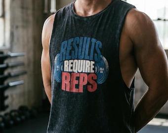 Camiseta sin mangas "Los resultados requieren repeticiones", camiseta de gimnasio para levantamiento de pesas, atletas y días de entrenamiento, algodón.