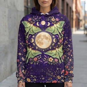 Witchy Clothes | Luna Moth | Goth Hoodie | Goblincore Clothing | Moon Hoodie | Fairycore Clothing | Gothic Hoodie | Flower Hoodie