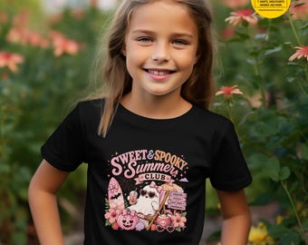 Camiseta infantil de verano con temática de Halloween, camiseta de fantasmas de Summerween, camiseta de Halloween en tonos pastel, camiseta rosa de calabaza para otoño.