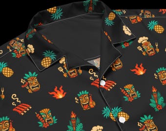 Camisa hawaiana para papás amantes de la barbacoa, estampado tropical tiki, regalo para el Día del Padre, con botones, manga corta, color negro.