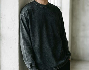 Premium Acid Wash Langarm-T-Shirt, übergroße Unisex Casual Streetwear, 100% Baumwolle, Kunstprojekt-Shirt, Frühlings- / Herbststil