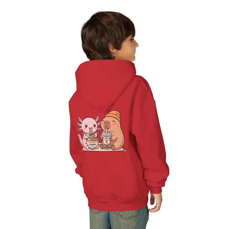 kid wearing red Cozy kids hoodie kawaii animal friends boba ramen theme
