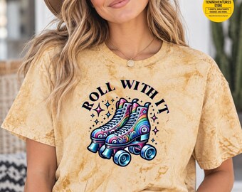Roll With It Roller Skate T-Shirt, Retro 80s Color Blast, 100% Cotton