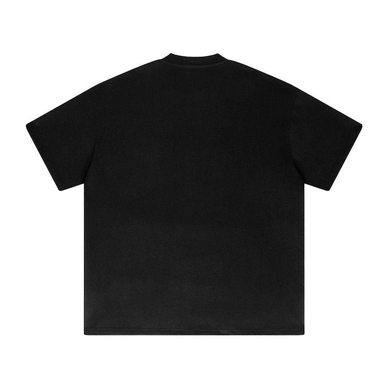 Heavyweight black drop shoulder t-shirt size chart with unisex measurements, 425 GSM cotton details, care instructions, and fit guide.