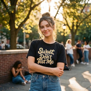 Puede incluir: Una persona con una camiseta negra con el texto "Sweet, But Don't Test Me" en letras doradas, combinada con vaqueros azules. La imagen está tomada al aire libre con una pared de ladrillos y árboles al fondo.