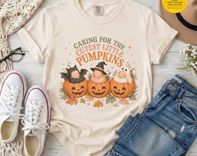 Featured listing image: NICU Nurse Halloween Tee, Caring for Cutest Pumpkins, Baby Bat Ghost Witch Graphic Shirt