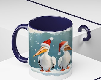 Taza con escena nevada de Papá Noel y pelícano, regalo festivo navideño costero