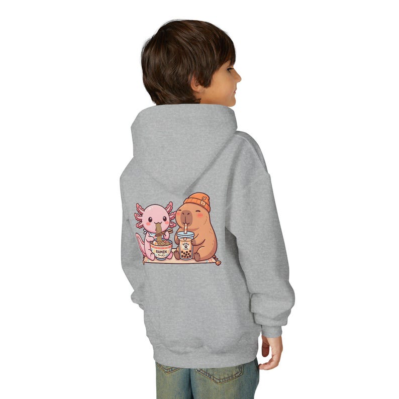 Kid wearing sport grey Kawaii kids sweatshirt bubble tea ramen animal illustration