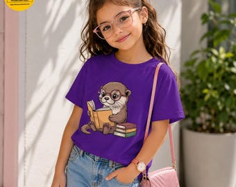 Otter Reading Kids T-Shirt, Animal Graphic Youth Tee, Boys, Girls