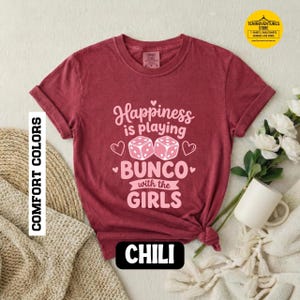 Bunco shirt women Happiness Is Playing Bunco With the Girls pink dice design on black Comfort Colors garment-dyed tee