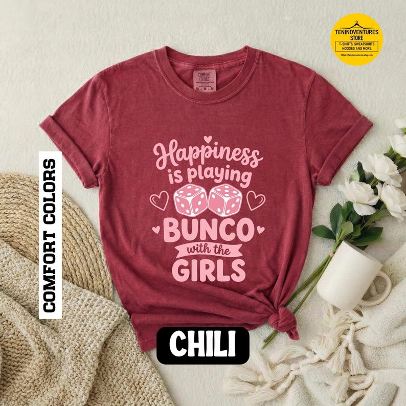 Bunco shirt women Happiness Is Playing Bunco With the Girls pink dice design on black Comfort Colors garment-dyed tee
