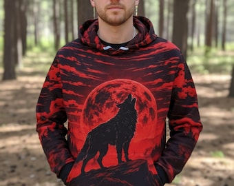 Vintage Howling Wolf Hoodie, Retro Lunar Wildlife, Dark Graphic Wolf Streetwear Red Pullover