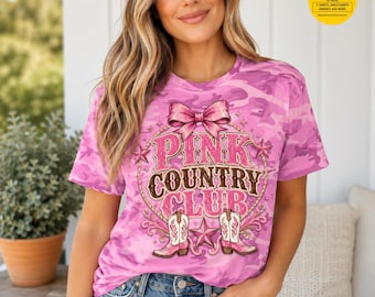 Maglietta Pink Country Club Camo Graphic, stivali da cowgirl western Coquette Bow Star