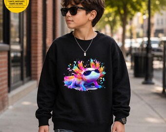 Rainbow Axolotl Youth Sweatshirt, Colorful Animal Pullover, Kids Graphic T Shirt, Unisex Cute Casual Play Tee, Boys, Girls