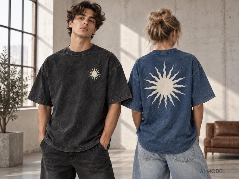 Models showing black and dark blue acid wash oversized T-shirts with custom left-chest and large back print placement options.