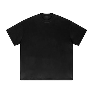 Heavyweight black drop shoulder t-shirt size chart with unisex measurements, 425 GSM cotton details, care instructions, and fit guide.