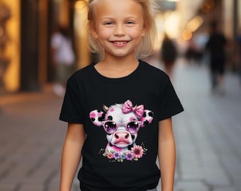 Maglietta per bambini con motivo floreale rosa e mucca delle Highlands, maglietta per bambini con simpatici animali, per ragazzi e ragazze