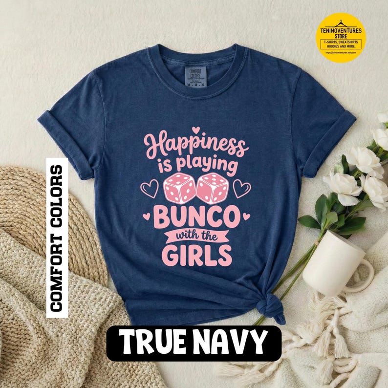 Bunco shirt women Happiness Is Playing Bunco With the Girls pink dice design on black Comfort Colors garment-dyed tee