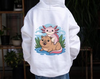 Kids Axolotl Capybara Hoodie, Cartoon Animal Pullover Sweatshirt, Boys, Girls, Youth