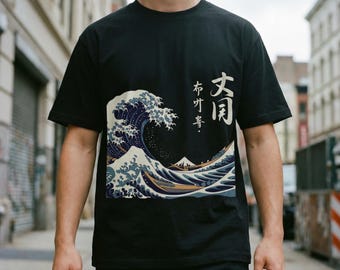 Kanagawa Great Wave T-Shirt, japanische Ukiyo-e-Grafik, stückgefärbtes Baumwoll-Surf-T-Shirt