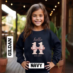 Hello Eleven verjaardag-sweater, 11e verjaardag meisje ronde hals, roze strik leeftijd 11-sweater, verjaardag meisje trui, tween verjaardag outfit