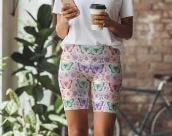 Butterfly Floral Biker Shorts, High Waisted Yoga Workout Shorts, Women’s Athleisure
