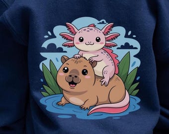 Axolotl Capybara Hoodie, Kids Kawaii Sweatshirt, Youth Animal Pullover, Cute Capybara Shirt, Tween Graphic Hoodie, Boy Girl Animal Top