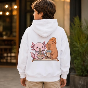 Axolotl Capybara Boba Kids Hoodie, Cutecore Kawaii Animal Hoodie, Ramen Friends Sweatshirt, Bubble Tea Lover Gift, Cozy Youth Pullover image 1