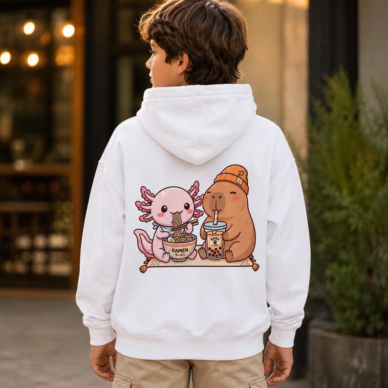Axolotl Capybara Boba Kids Hoodie, Cutecore Kawaii Animal Hoodie, Ramen Friends Sweatshirt, Bubble Tea Lover Gift, Cozy Youth Pullover image 1