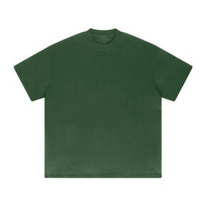 Heavyweight dark green drop shoulder t-shirt size chart with unisex measurements, 425 GSM cotton details, care instructions, and fit guide.