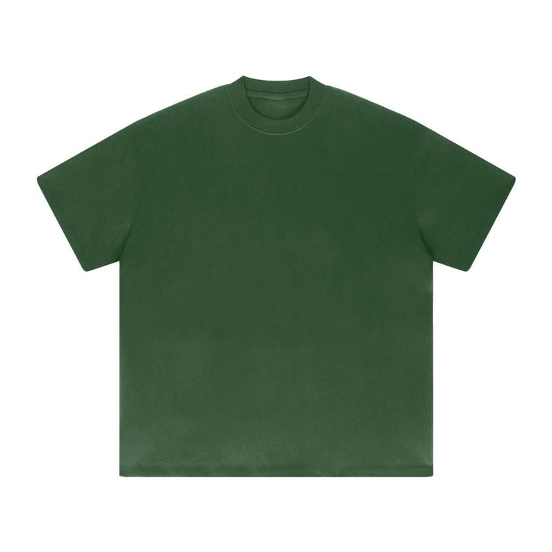 Heavyweight dark green drop shoulder t-shirt size chart with unisex measurements, 425 GSM cotton details, care instructions, and fit guide.