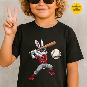 Baseball Bunny T-shirt voor kinderen, T-shirt met konijnenprint voor jonge honkballers, leuk sportshirt voor jongens en meisjes