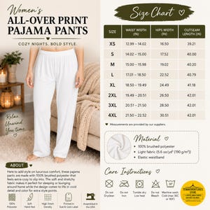 Peut inclure: Pantalon de pyjama blanc avec une taille &eacute;lastique. L'image pr&eacute;sente un tableau des tailles avec les mesures de taille, de hanches et de longueur en pouces, la composition en 100% polyester bross&eacute; et des instructions d'entretien avec ic&ocirc;nes.