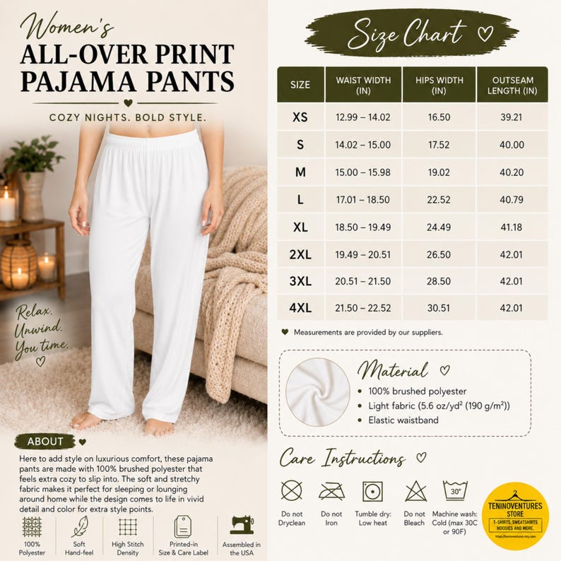 Peut inclure: Pantalon de pyjama blanc avec une taille &eacute;lastique. L'image pr&eacute;sente un tableau des tailles avec les mesures de taille, de hanches et de longueur en pouces, la composition en 100% polyester bross&eacute; et des instructions d'entretien avec ic&ocirc;nes.